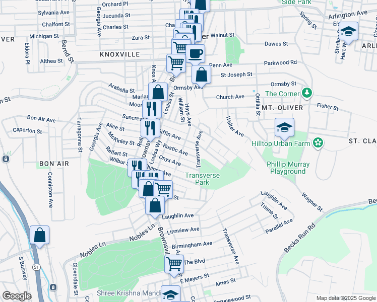 map of restaurants, bars, coffee shops, grocery stores, and more near 308 Rustic Avenue in Pittsburgh