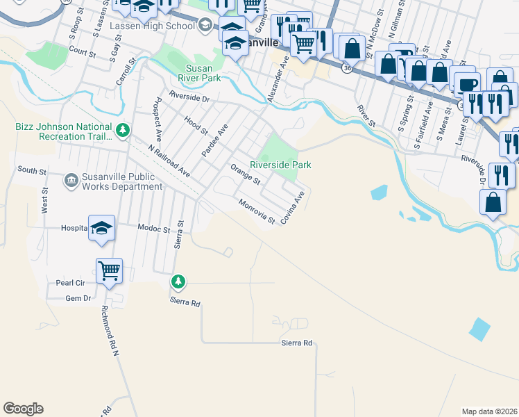 map of restaurants, bars, coffee shops, grocery stores, and more near 23 Monrovia Street in Susanville