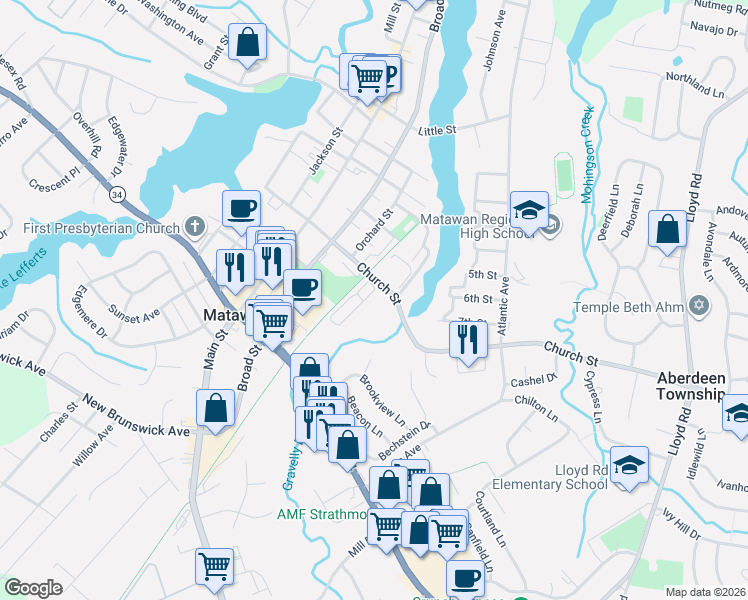 map of restaurants, bars, coffee shops, grocery stores, and more near 100 Church Street in Matawan