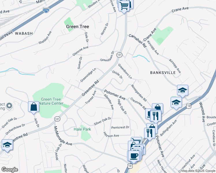 map of restaurants, bars, coffee shops, grocery stores, and more near 1123 Hillsview Terrace in Pittsburgh