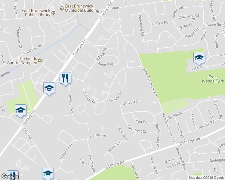 map of restaurants, bars, coffee shops, grocery stores, and more near 301 Palombi Court in East Brunswick