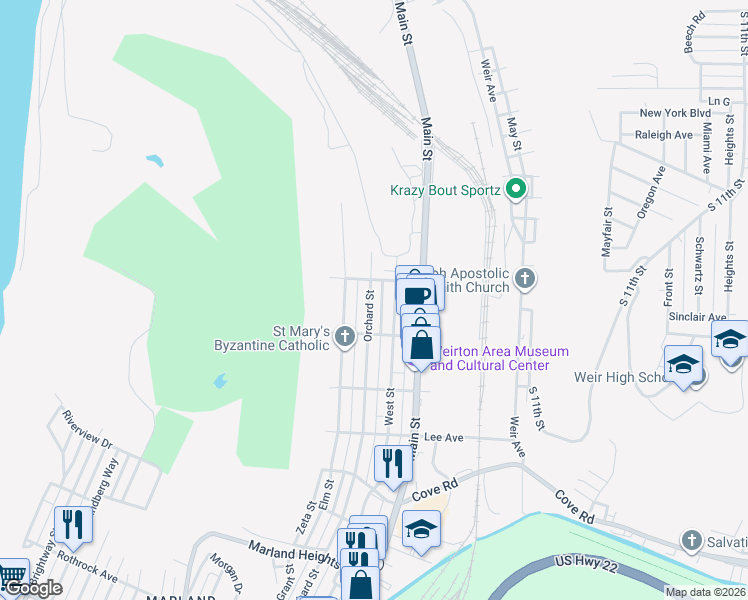 map of restaurants, bars, coffee shops, grocery stores, and more near 3024 Orchard St in Weirton