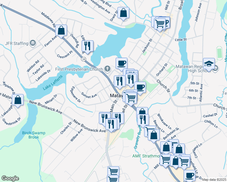map of restaurants, bars, coffee shops, grocery stores, and more near 916 New Jersey 34 in Matawan