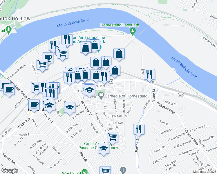 map of restaurants, bars, coffee shops, grocery stores, and more near 623 East 9th Avenue in Munhall