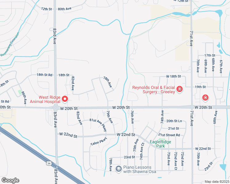 map of restaurants, bars, coffee shops, grocery stores, and more near 7800 19th Street in Greeley