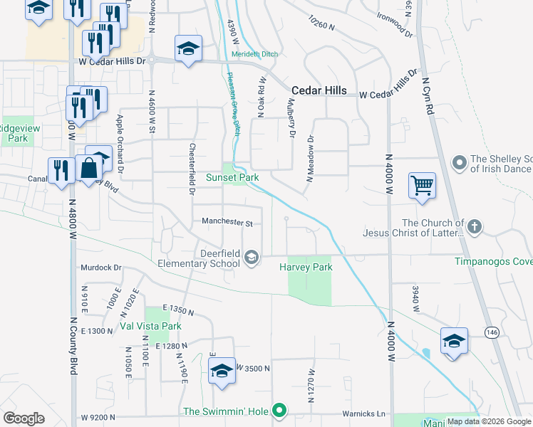 map of restaurants, bars, coffee shops, grocery stores, and more near 9720 Charleston Drive in Cedar Hills
