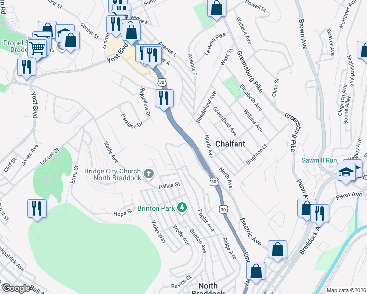 map of restaurants, bars, coffee shops, grocery stores, and more near 1171 1/2 Ridge Avenue in Braddock