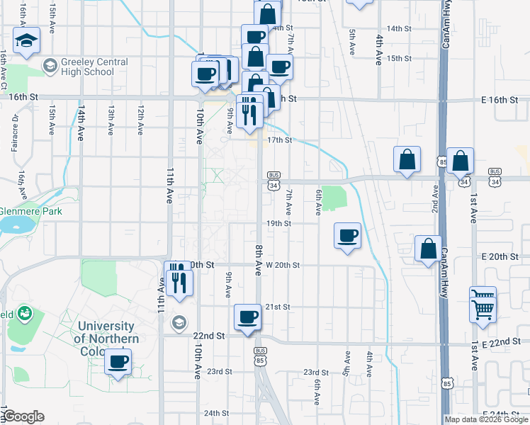 map of restaurants, bars, coffee shops, grocery stores, and more near 1838 8th Avenue in Greeley