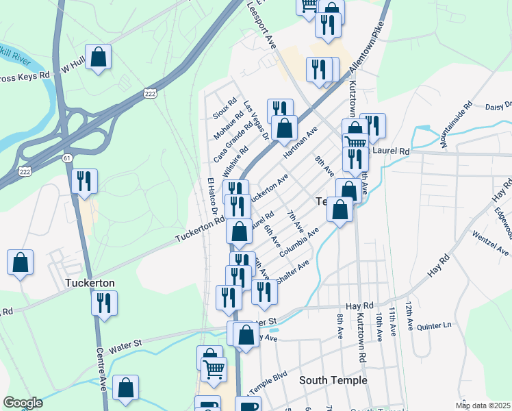 map of restaurants, bars, coffee shops, grocery stores, and more near 604 Tuckerton Avenue in Temple