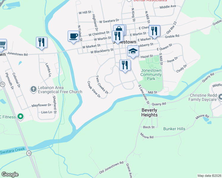 map of restaurants, bars, coffee shops, grocery stores, and more near 132 Twin Creeks Drive in Jonestown