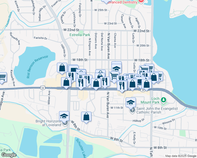 map of restaurants, bars, coffee shops, grocery stores, and more near 1909 West 15th Street in Loveland