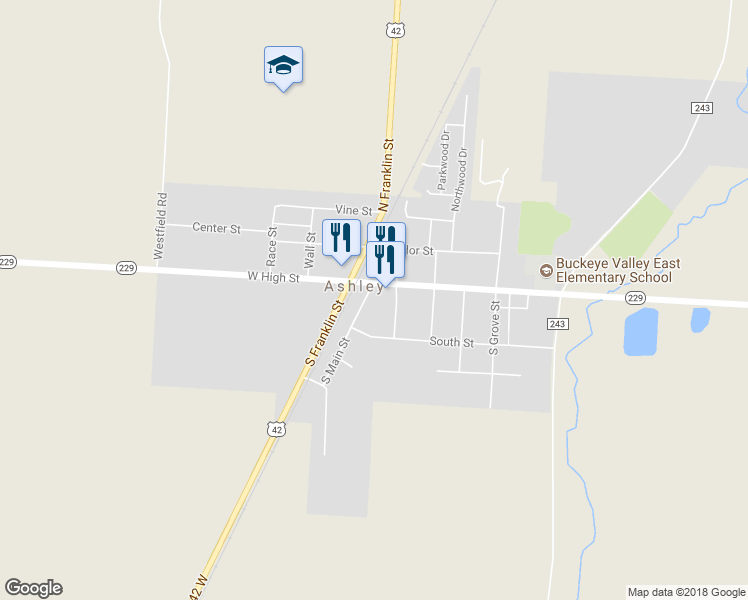 map of restaurants, bars, coffee shops, grocery stores, and more near 10 South Main Street in Ashley