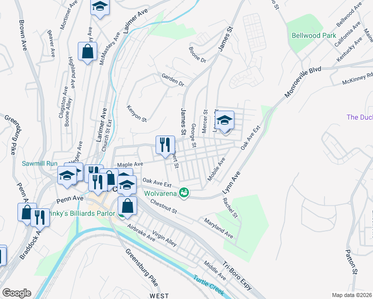 map of restaurants, bars, coffee shops, grocery stores, and more near 408 James Street in Turtle Creek
