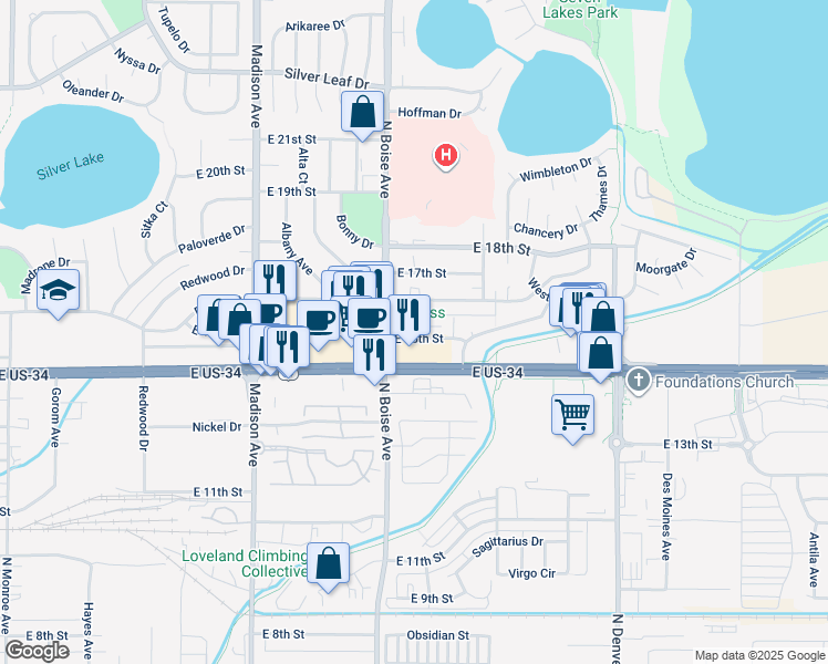 map of restaurants, bars, coffee shops, grocery stores, and more near 1705 Kokanee Court in Loveland