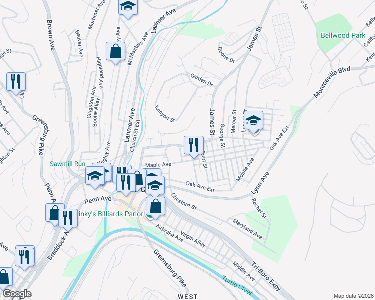 map of restaurants, bars, coffee shops, grocery stores, and more near 415 Charles St in Turtle Creek