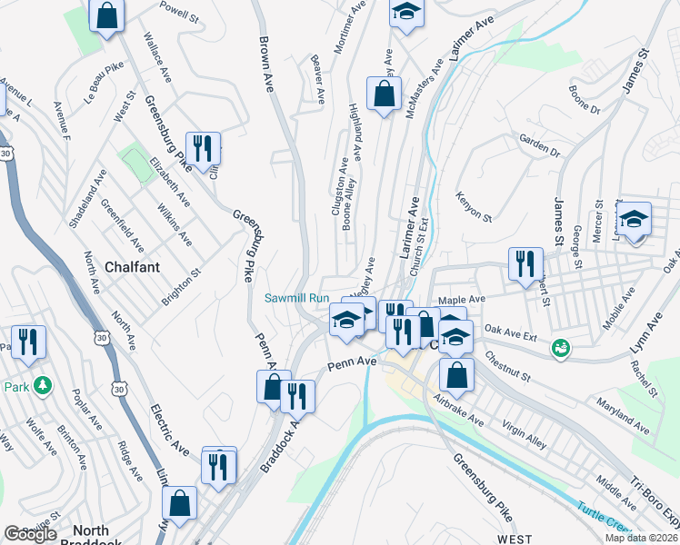 map of restaurants, bars, coffee shops, grocery stores, and more near 356 Highland Avenue in Turtle Creek