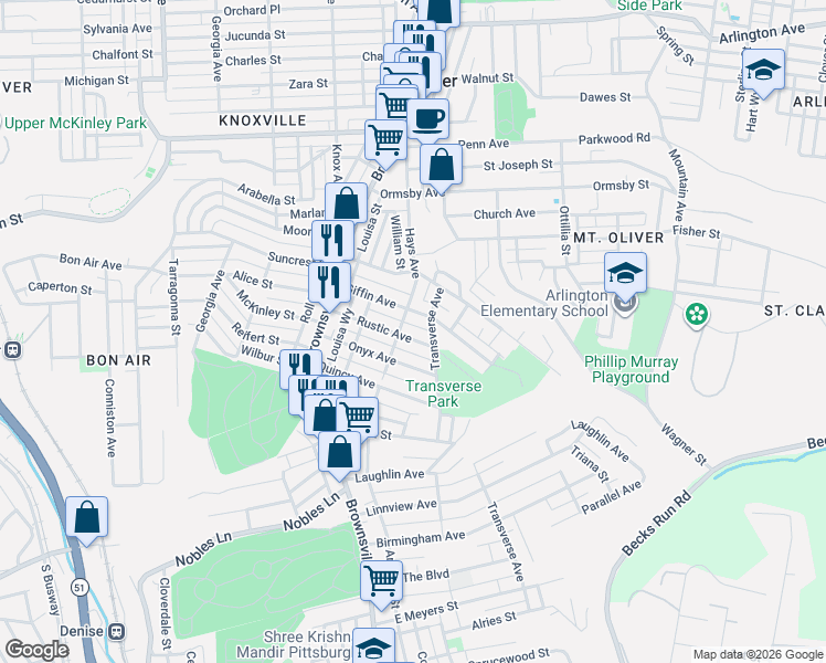 map of restaurants, bars, coffee shops, grocery stores, and more near 308 Rustic Street in Pittsburgh