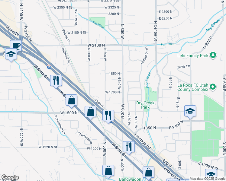 map of restaurants, bars, coffee shops, grocery stores, and more near 424 West 1700 North in Lehi