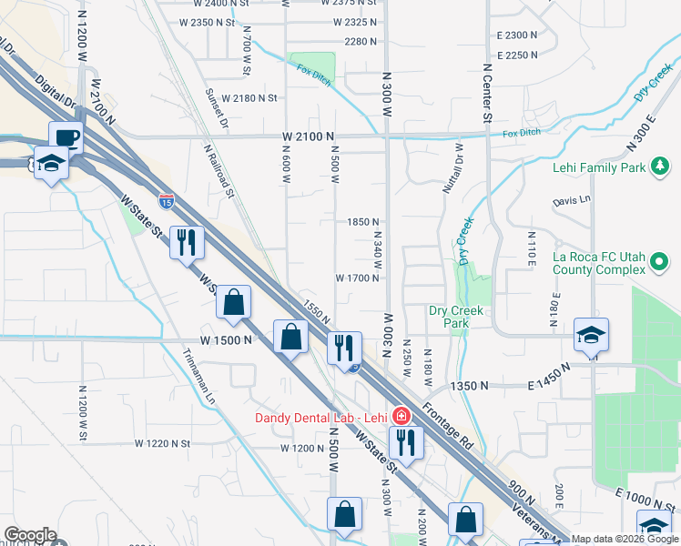 map of restaurants, bars, coffee shops, grocery stores, and more near 492 West 1700 North in Lehi