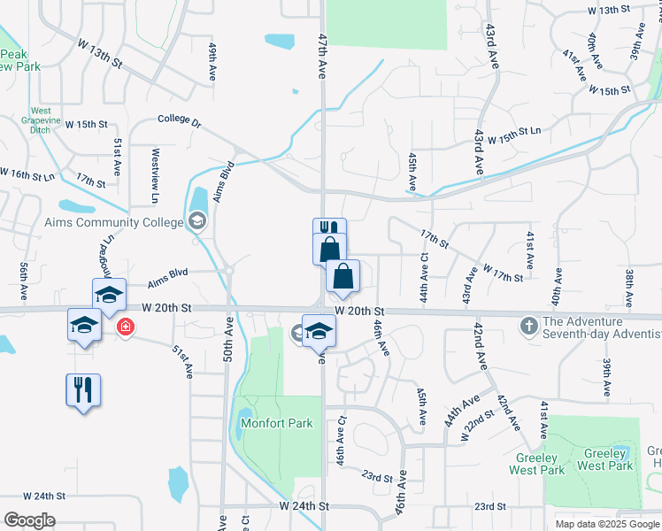 map of restaurants, bars, coffee shops, grocery stores, and more near 4689 West 20th Street in Greeley
