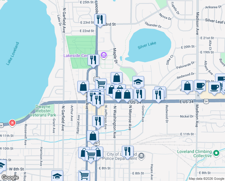 map of restaurants, bars, coffee shops, grocery stores, and more near 1535 North Washington Avenue in Loveland
