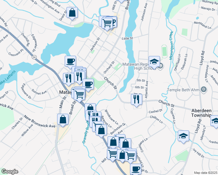 map of restaurants, bars, coffee shops, grocery stores, and more near 100 Church Street in Matawan