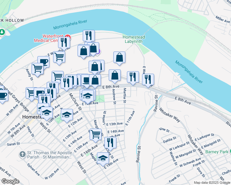map of restaurants, bars, coffee shops, grocery stores, and more near 711 East 9th Avenue in Munhall