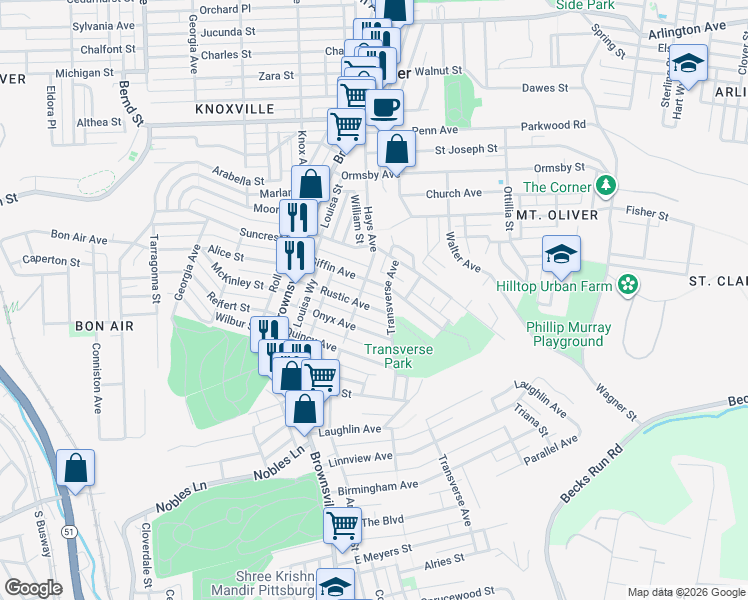 map of restaurants, bars, coffee shops, grocery stores, and more near 308 Rustic Street in Pittsburgh