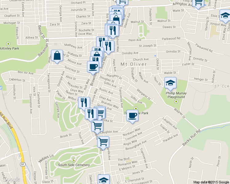 map of restaurants, bars, coffee shops, grocery stores, and more near 308 Rustic Street in Pittsburgh