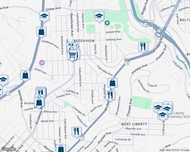 map of restaurants, bars, coffee shops, grocery stores, and more near 105 Colebrook Avenue in Pittsburgh