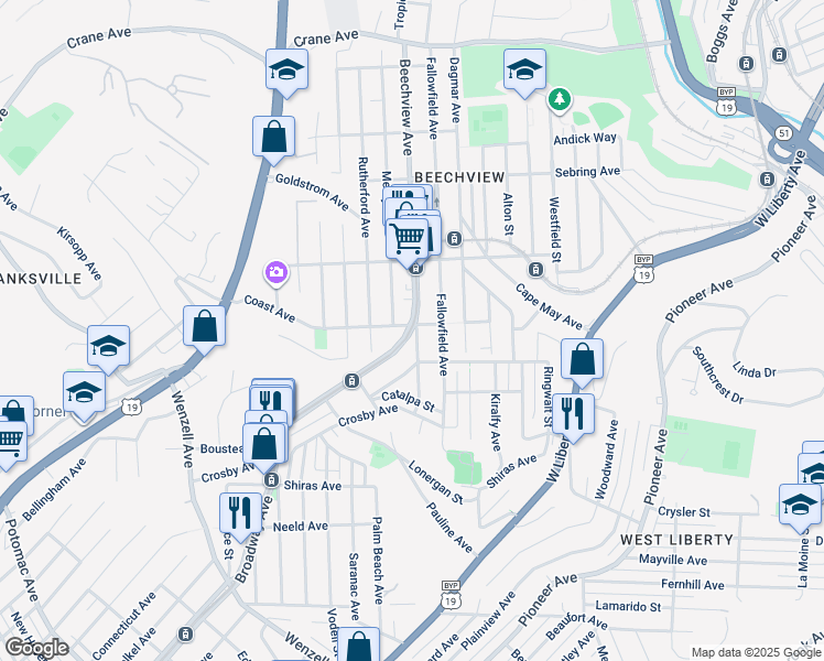 map of restaurants, bars, coffee shops, grocery stores, and more near 1700 Broadway Avenue in Pittsburgh