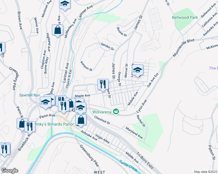 map of restaurants, bars, coffee shops, grocery stores, and more near 412 Albert Street in Turtle Creek