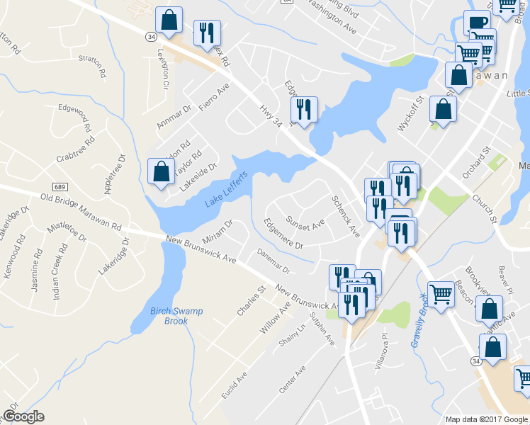 map of restaurants, bars, coffee shops, grocery stores, and more near 10 Edgemere Drive in Matawan