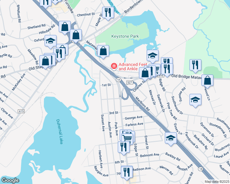 map of restaurants, bars, coffee shops, grocery stores, and more near 84 Park Avenue in Old Bridge Township