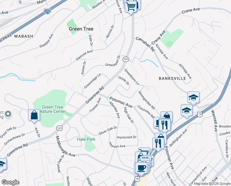 map of restaurants, bars, coffee shops, grocery stores, and more near 1123 Hillsview Terrace in Pittsburgh