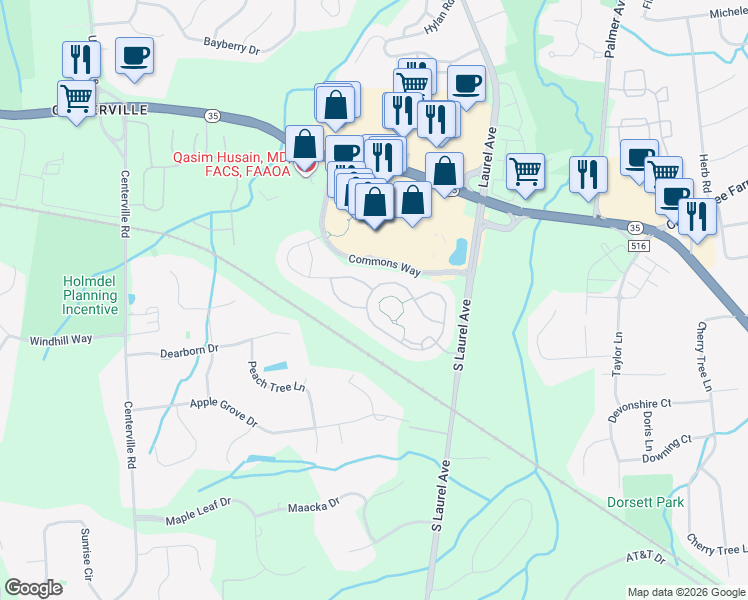 map of restaurants, bars, coffee shops, grocery stores, and more near 48 Londonberry Drive in Holmdel