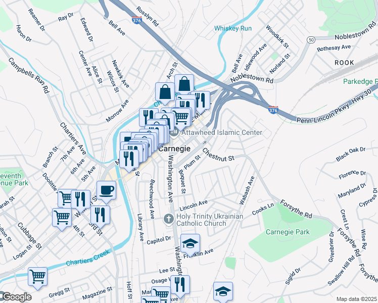 map of restaurants, bars, coffee shops, grocery stores, and more near 400 Lydia Street in Carnegie