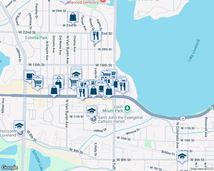 map of restaurants, bars, coffee shops, grocery stores, and more near 1581 North Taft Avenue in Loveland