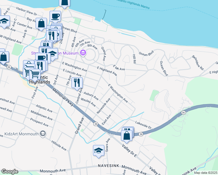map of restaurants, bars, coffee shops, grocery stores, and more near 131 East Washington Avenue in Atlantic Highlands