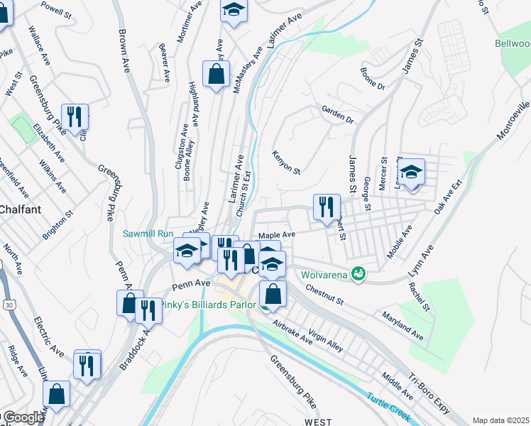 map of restaurants, bars, coffee shops, grocery stores, and more near 808 Grant Street in Turtle Creek