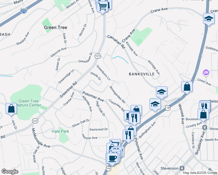 map of restaurants, bars, coffee shops, grocery stores, and more near 2417 Rose Garden Road in Pittsburgh