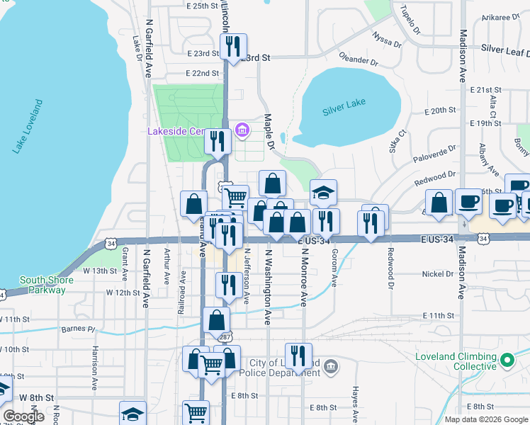 map of restaurants, bars, coffee shops, grocery stores, and more near 1535 North Washington Avenue in Loveland