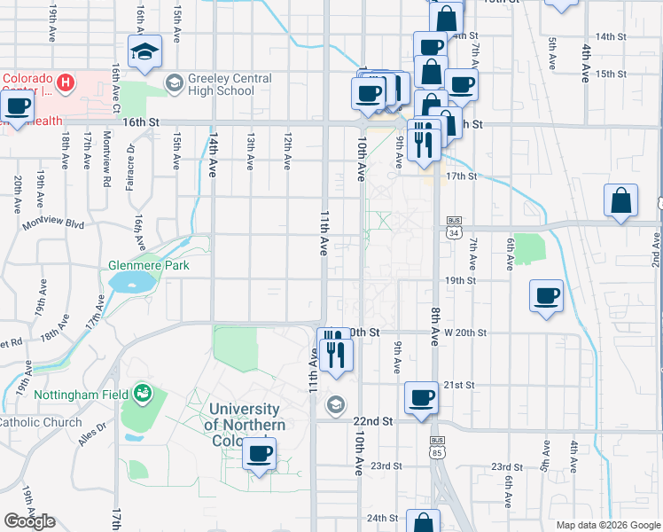 map of restaurants, bars, coffee shops, grocery stores, and more near 1860 11th Avenue in Greeley