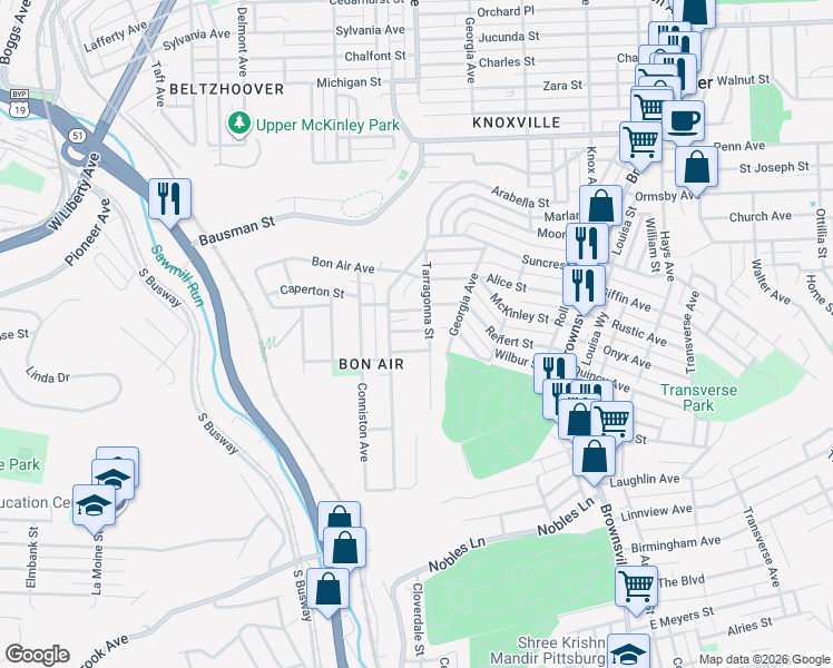 map of restaurants, bars, coffee shops, grocery stores, and more near 223 Camfield Street in Pittsburgh