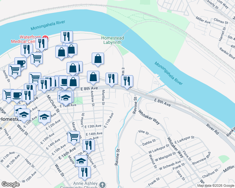 map of restaurants, bars, coffee shops, grocery stores, and more near 26 Harrison Street in Munhall