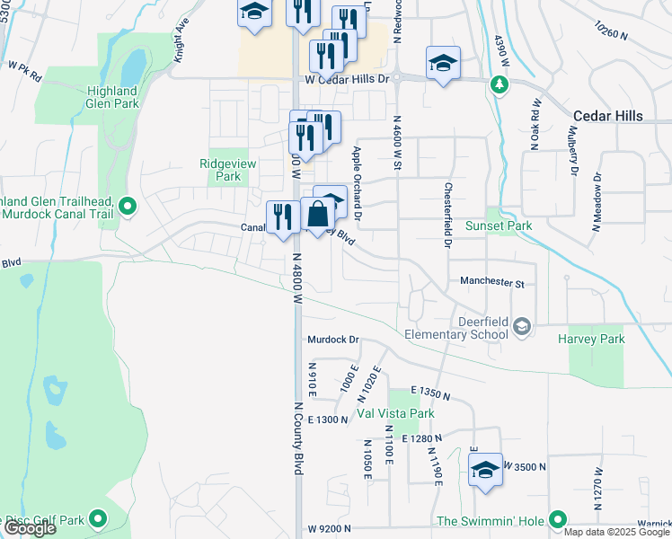 map of restaurants, bars, coffee shops, grocery stores, and more near 9735 North 4710 West in Cedar Hills