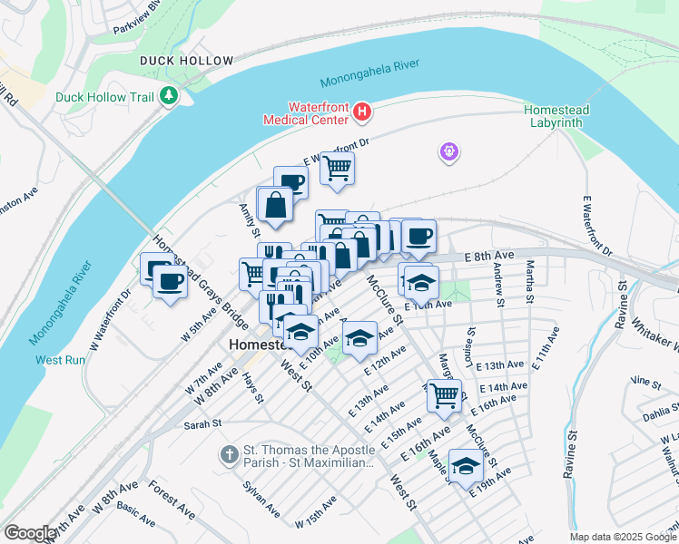 map of restaurants, bars, coffee shops, grocery stores, and more near 341 Pennsylvania 837 in Homestead
