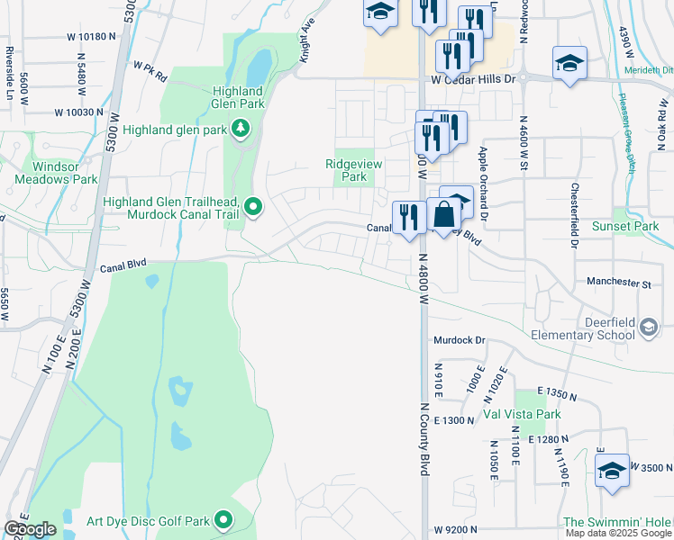map of restaurants, bars, coffee shops, grocery stores, and more near Murdock Canal Trail in Highland