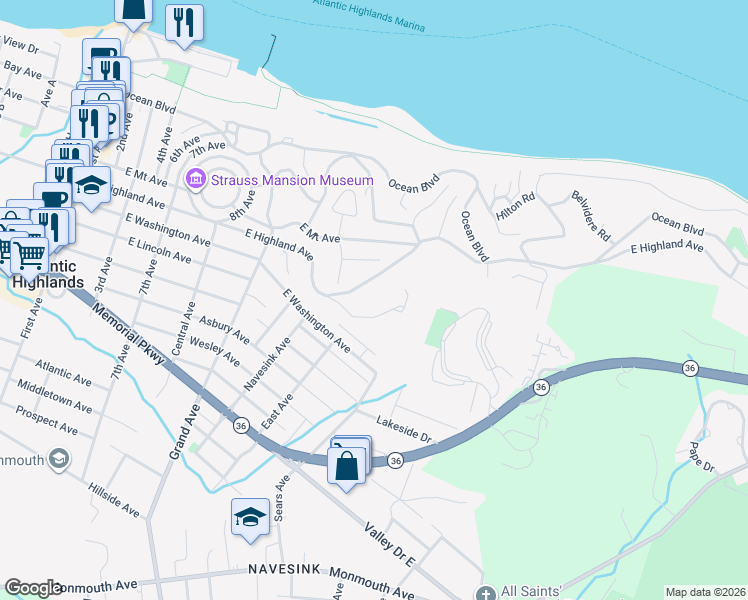 map of restaurants, bars, coffee shops, grocery stores, and more near 3 Victorian Woods Drive in Atlantic Highlands