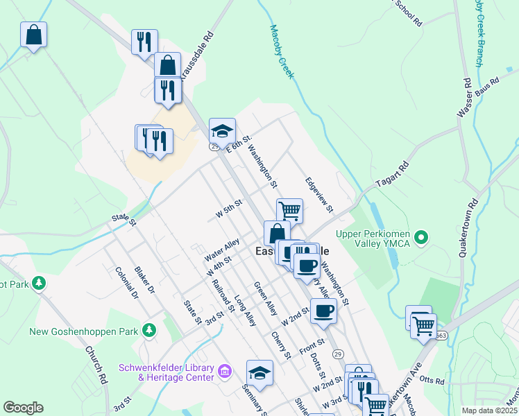 map of restaurants, bars, coffee shops, grocery stores, and more near 435 Main Street in East Greenville
